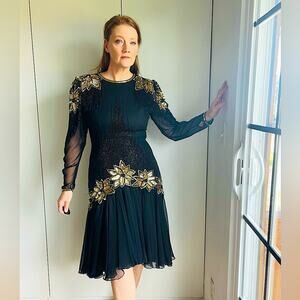 Vintage 90s Dress Sequin Beaded Party Cocktail Formals Red Carpet Black Gold s/6